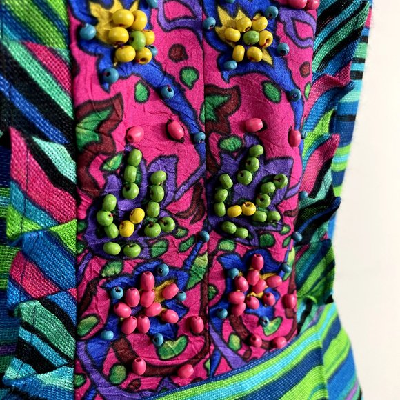 Nanette Lepore Dress 8 Blue Green Silk Linen Stripe Beaded Ruffle Mamacita Frock - Picture 4 of 14